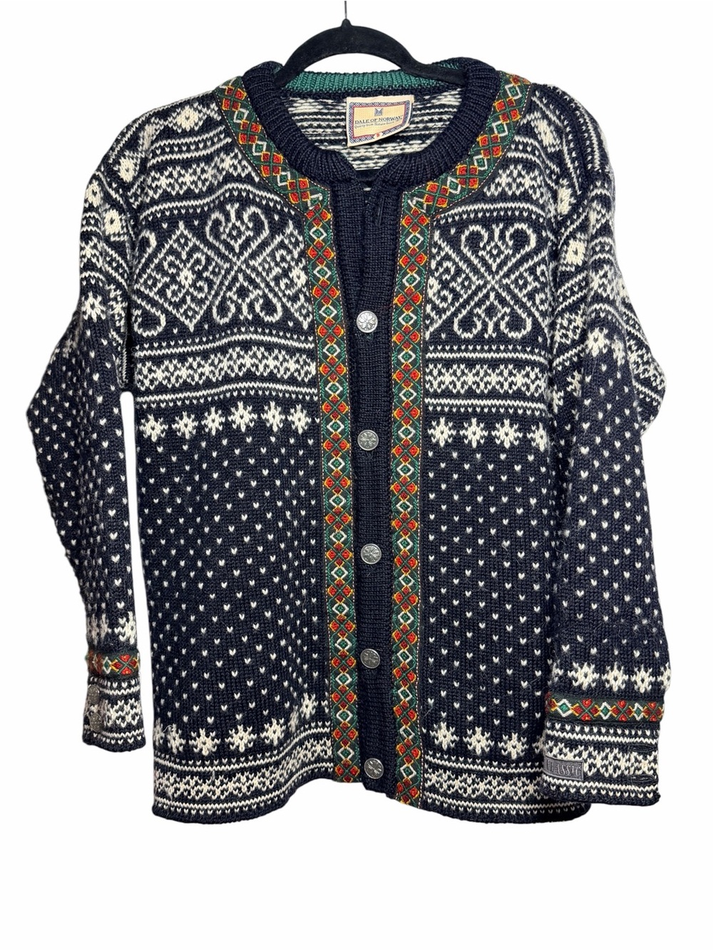 Dale of Norway Navy and White Wool Folk-Trim Cardigan